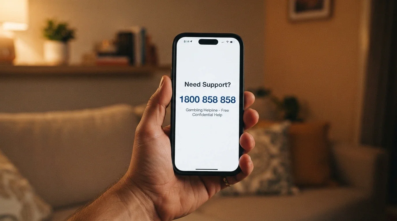 A close-up of a smartphone screen showing the Gambling Help Online homepage and the National Gambling Helpline number 1800 858 858 displayed prominently