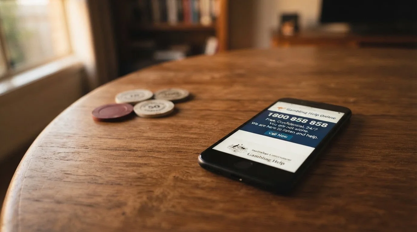 A mobile phone screen displaying the Gambling Help Online homepage and the 1800 858 858 helpline number, with a set of casino chips pushed to the side of the frame