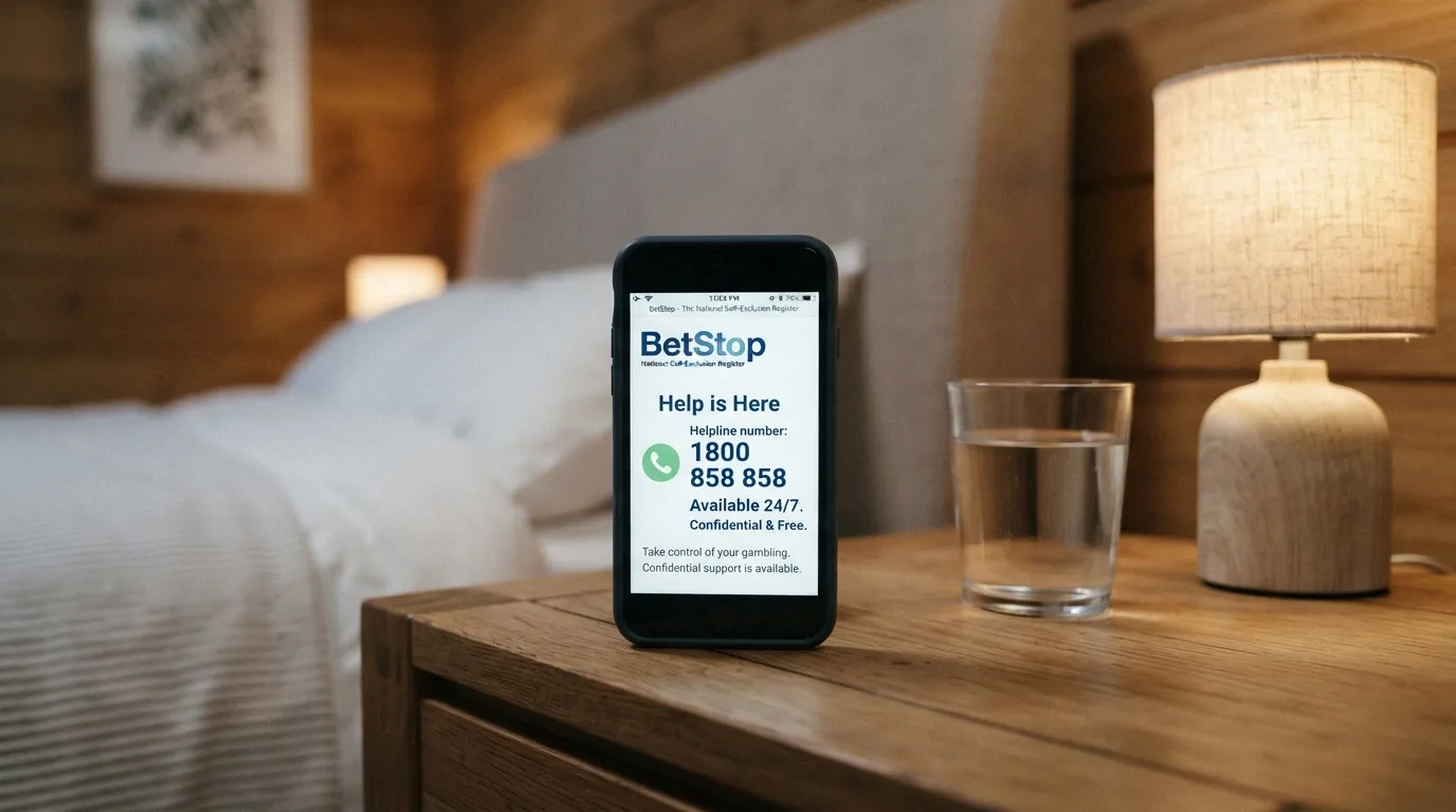 A smartphone displaying the BetStop.gov.au homepage, the number 1800 858 858, and the Gambling Help Online logo on a clean support-resource screen