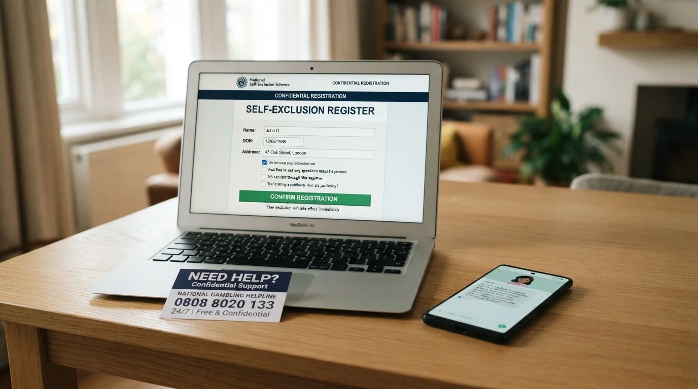 A BetStop registration screen on a laptop, with a Gambling Help Online chat window open beside it and a helpline number prominently displayed