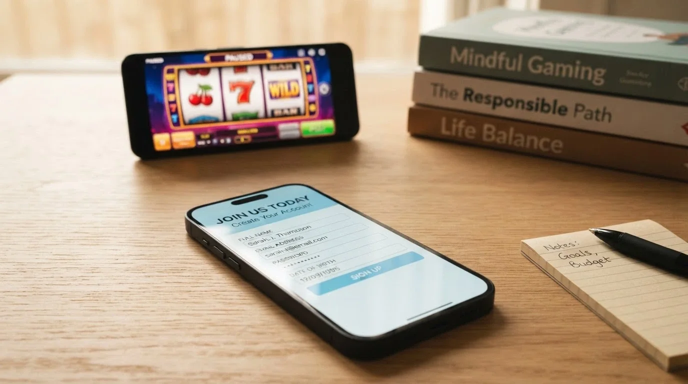 A smartphone screen displaying the BetStop.gov.au registration page, with a second phone in the background showing a pokies game paused mid-spin