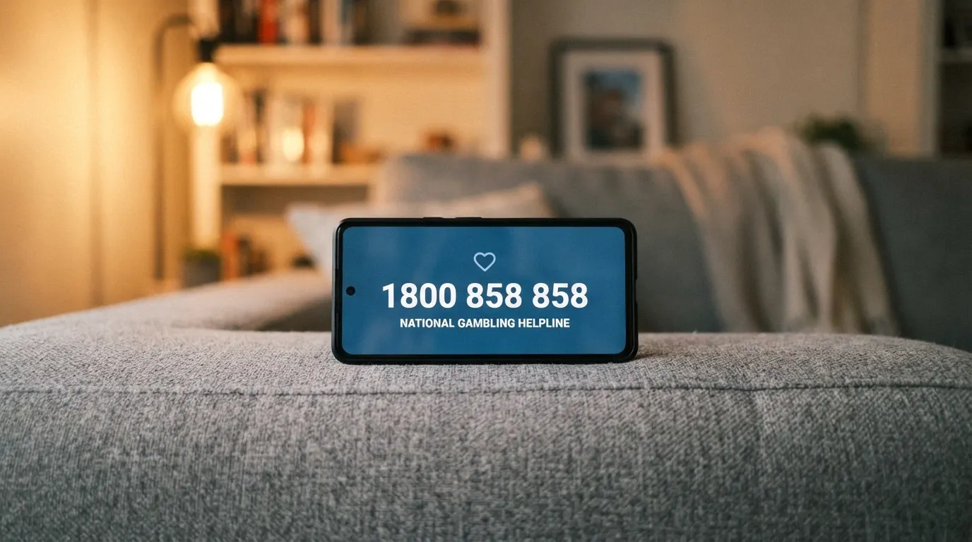 A phone displaying the 1800 858 858 helpline number on screen, in focus against a softly lit background
