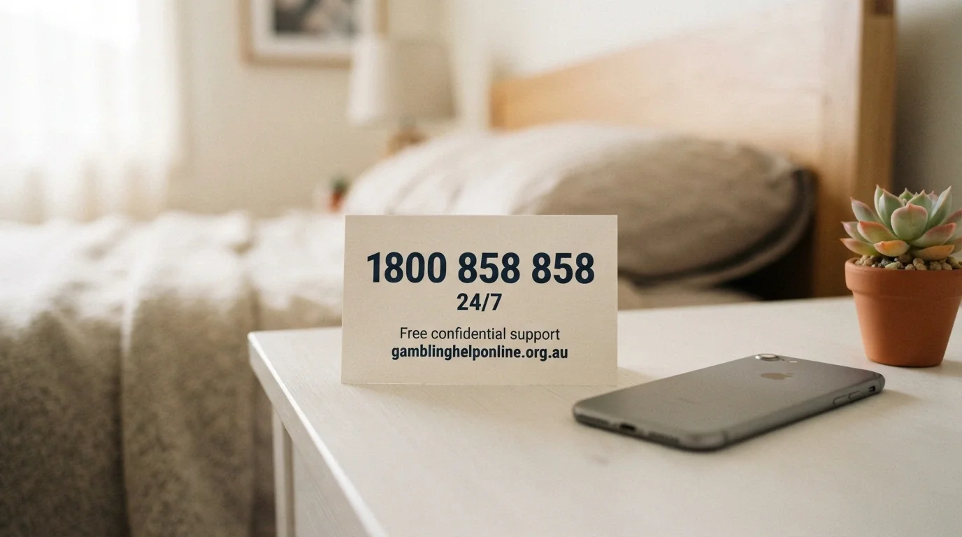 A clean card displaying the National Gambling Helpline number 1800 858 858 with 24/7 availability and the BetStop and Gambling Help Online logos beneath