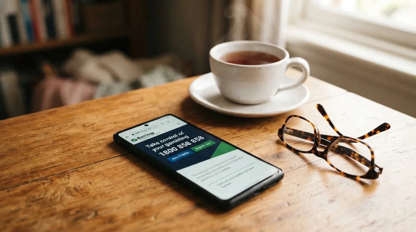 A smartphone screen showing the BetStop.gov.au landing page and the National Gambling Helpline number 1800 858 858, with a pair of reading glasses and a cup of tea beside it on a wooden table
