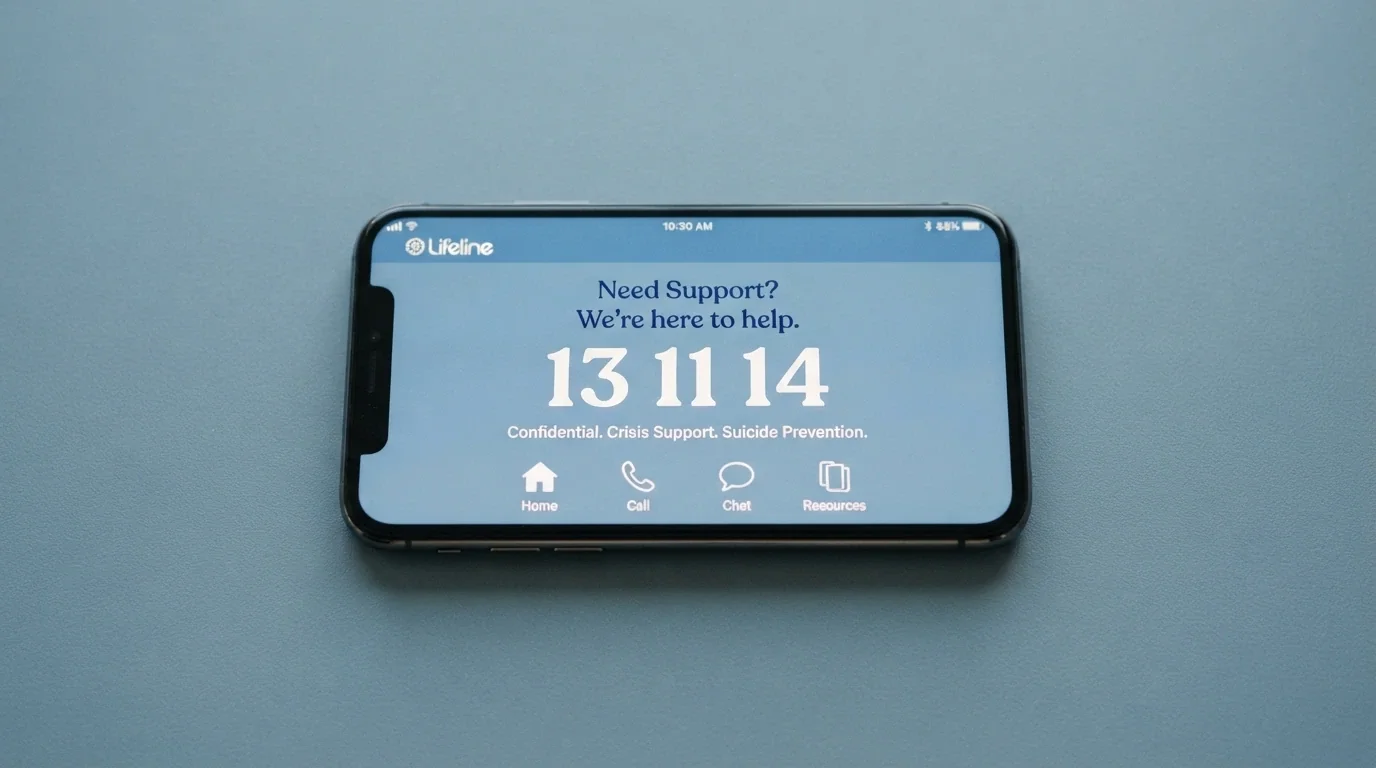A phone screen displaying the Gambling Help Online homepage with the 1800 858 858 helpline number prominently visible, set on a calm blue-toned background