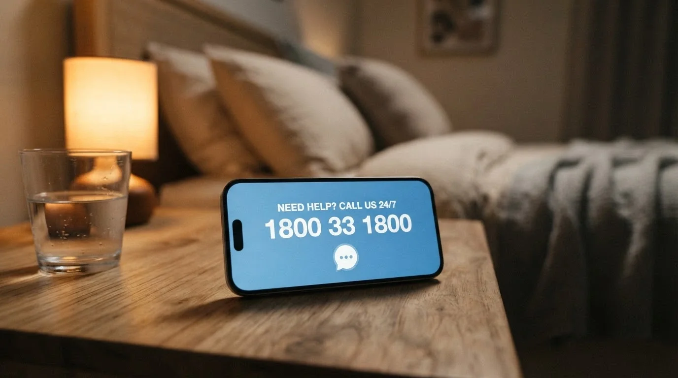 The 1800 858 858 helpline number on a screen with the Gambling Help Online chat window open beside it