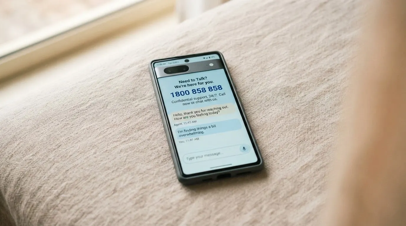 a calm, supportive visual of a smartphone displaying the Gambling Help Online chat interface and the 1800 858 858 number prominently