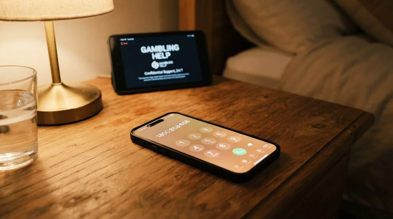 A close-up of a phone keypad with 1800 858 858 partially dialled, warm lighting, a subtle Gambling Help Online logo visible on a screen in the background