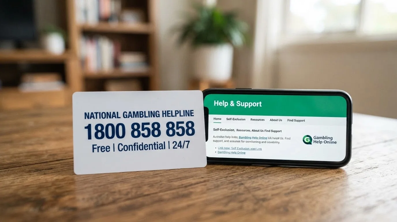 A close-up of a wallet card with the National Gambling Helpline number 1800 858 858 printed prominently, next to a smartphone showing the Gambling Help Online homepage and the BetStop registration screen