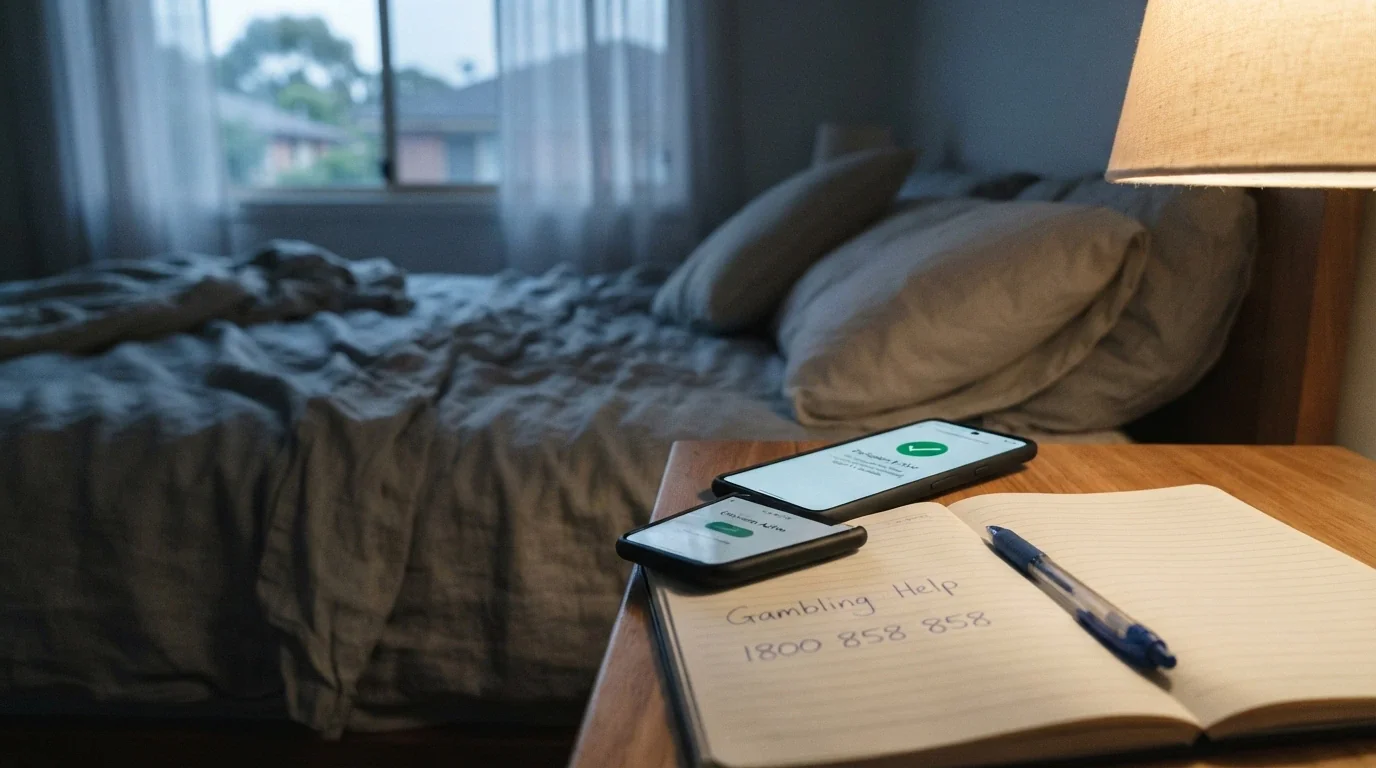 A BetStop registration confirmation screen on a smartphone next to a notebook with the National Gambling Helpline number 1800 858 858 written on it
