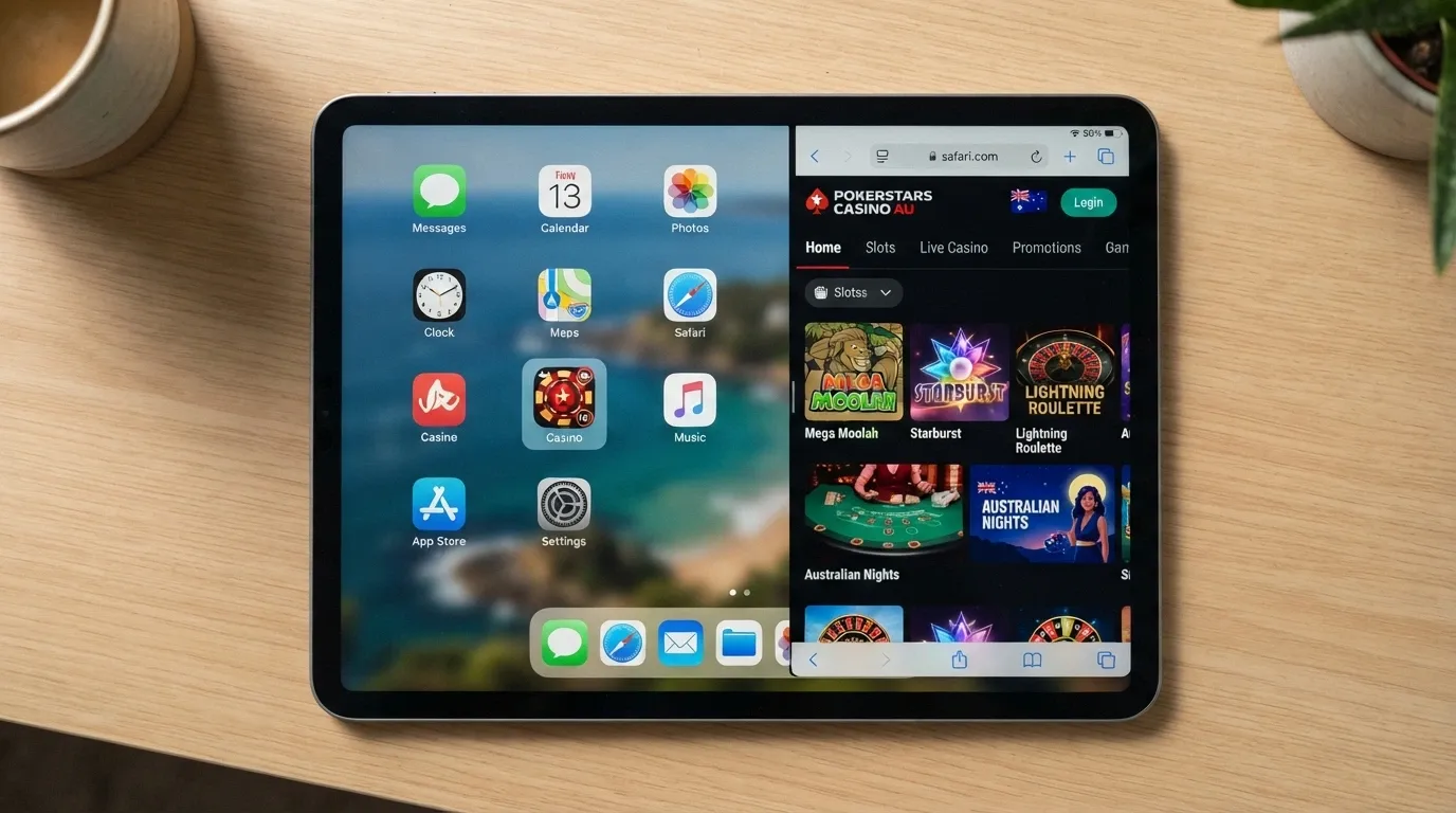 An iPad home screen showing a casino PWA shortcut icon alongside native apps, with the Safari browser open in Split View