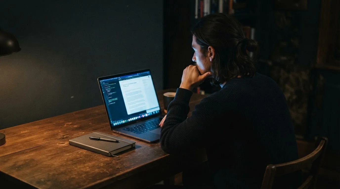 A person sitting at a desk with a laptop, hand on chin, looking thoughtfully at the screen in a dimly lit room