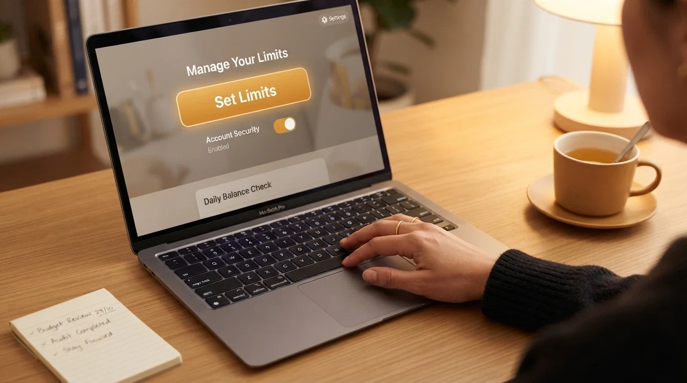 A close-up of a hand reaching toward a keyboard with a “self-exclusion” or “set limits” interface element on screen, warm and supportive tone