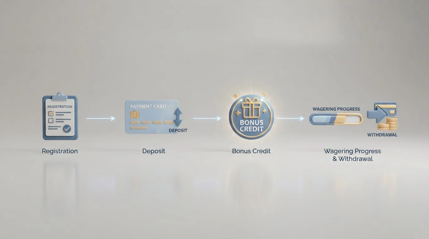 A simplified visual showing the four stages from sign-up through deposit, bonus credit and wagering to withdrawal