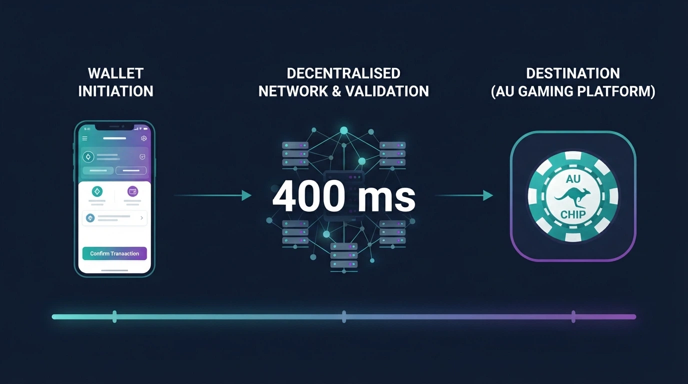 A diagram showing a SOL transaction moving from a Phantom wallet through the Solana network to a casino smart contract, with confirmation time labelled