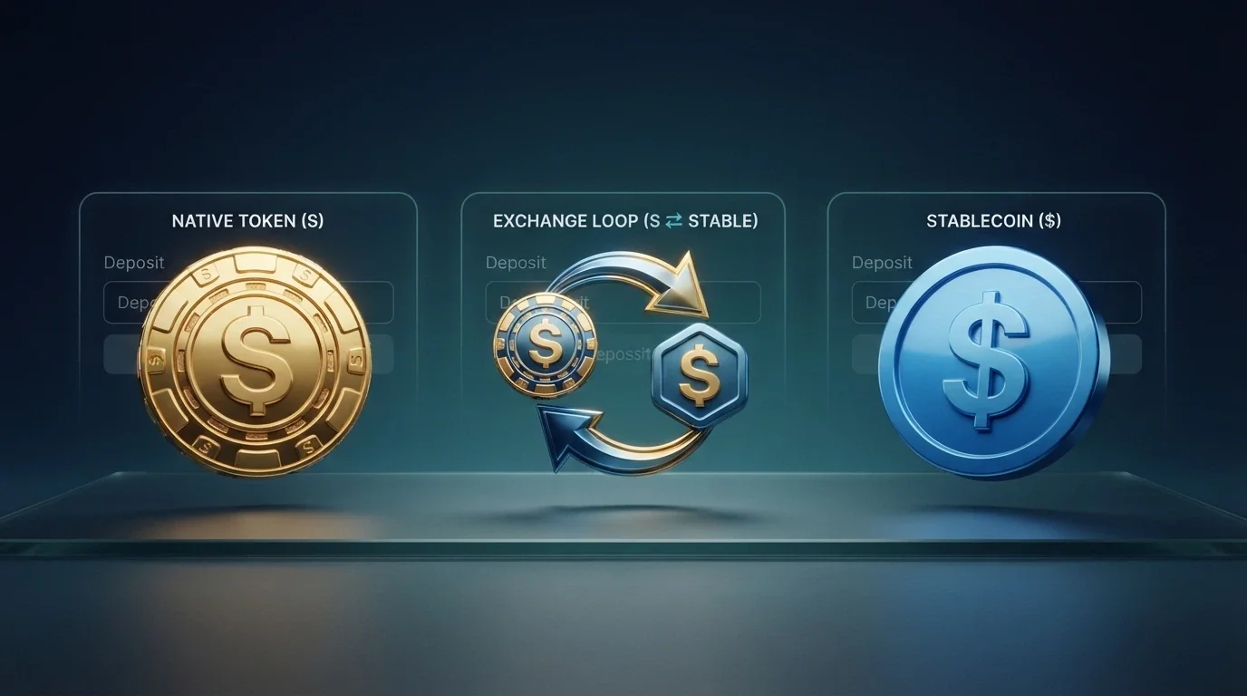 Three icons side by side — a SOL coin, a currency-exchange arrow, and a USDC stablecoin symbol — with a different casino cashier interface behind each