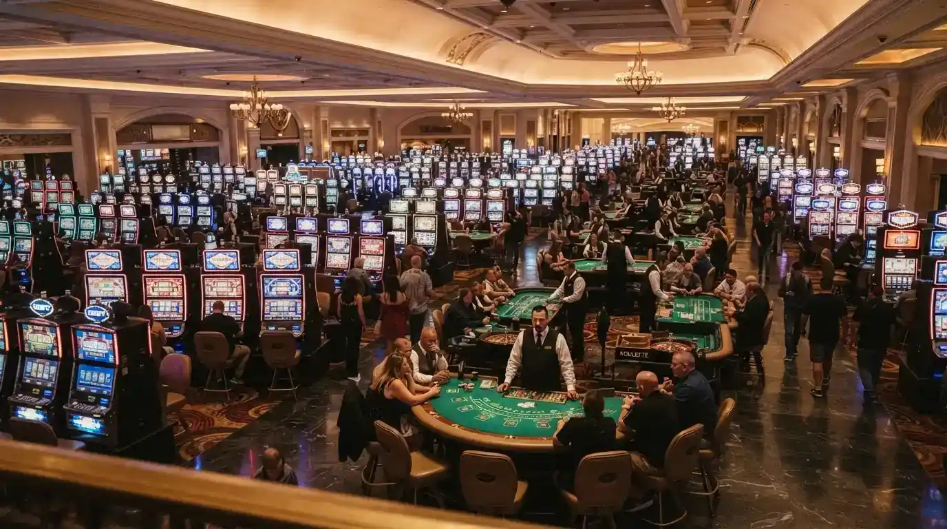 Rows of electronic gaming machines and table games across the main casino floor at The Star Brisbane