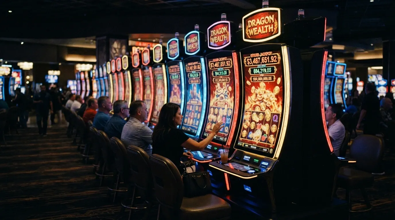 A bank of linked-jackpot pokies including Dragon Link and Lightning Link machines at The Star Brisbane
