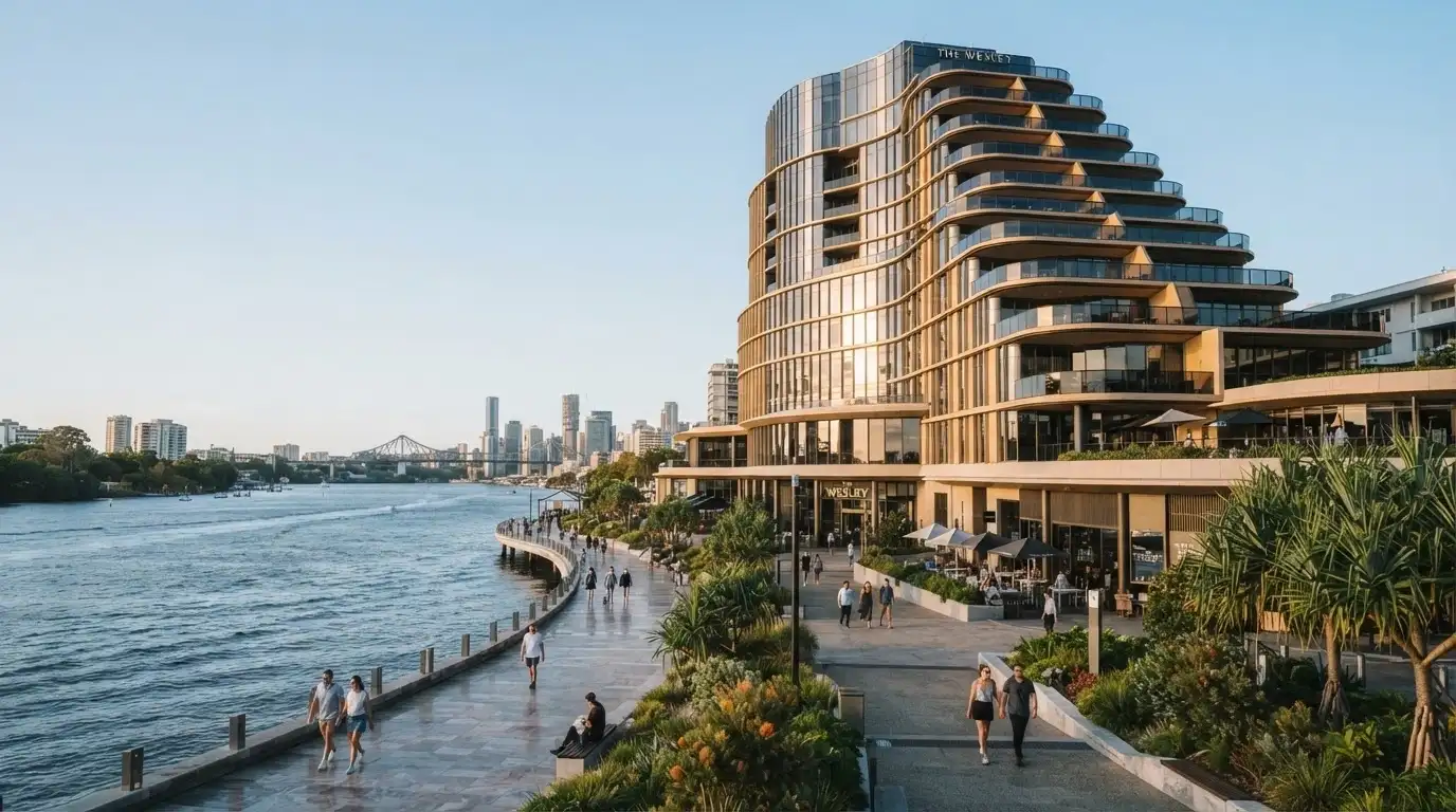 The Star Grand Brisbane hotel tower façade with Queen's Wharf riverfront in foreground