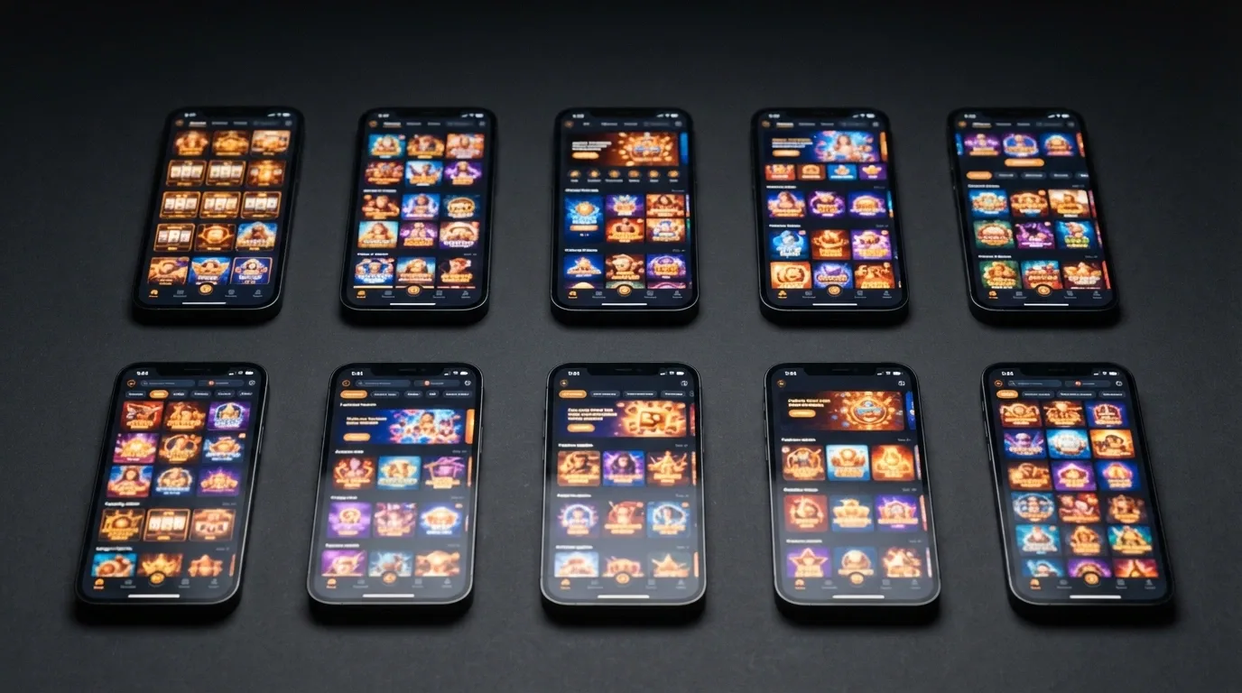 A grid of ten smartphone screens, each displaying a different pokies-app home screen or lobby, arranged in two rows of five on a dark background