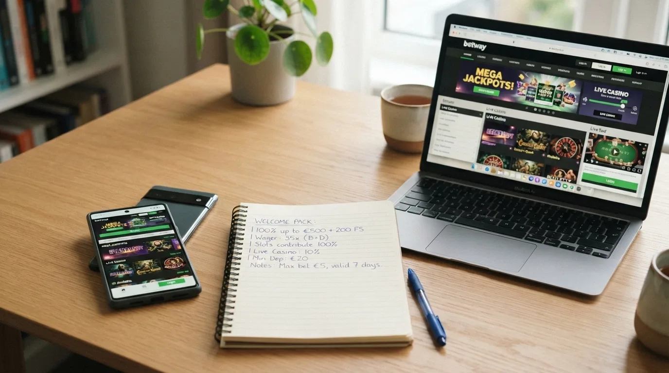 A smartphone and laptop both showing online casino homepages, arranged side by side with a notepad listing bonus amounts and wagering multipliers