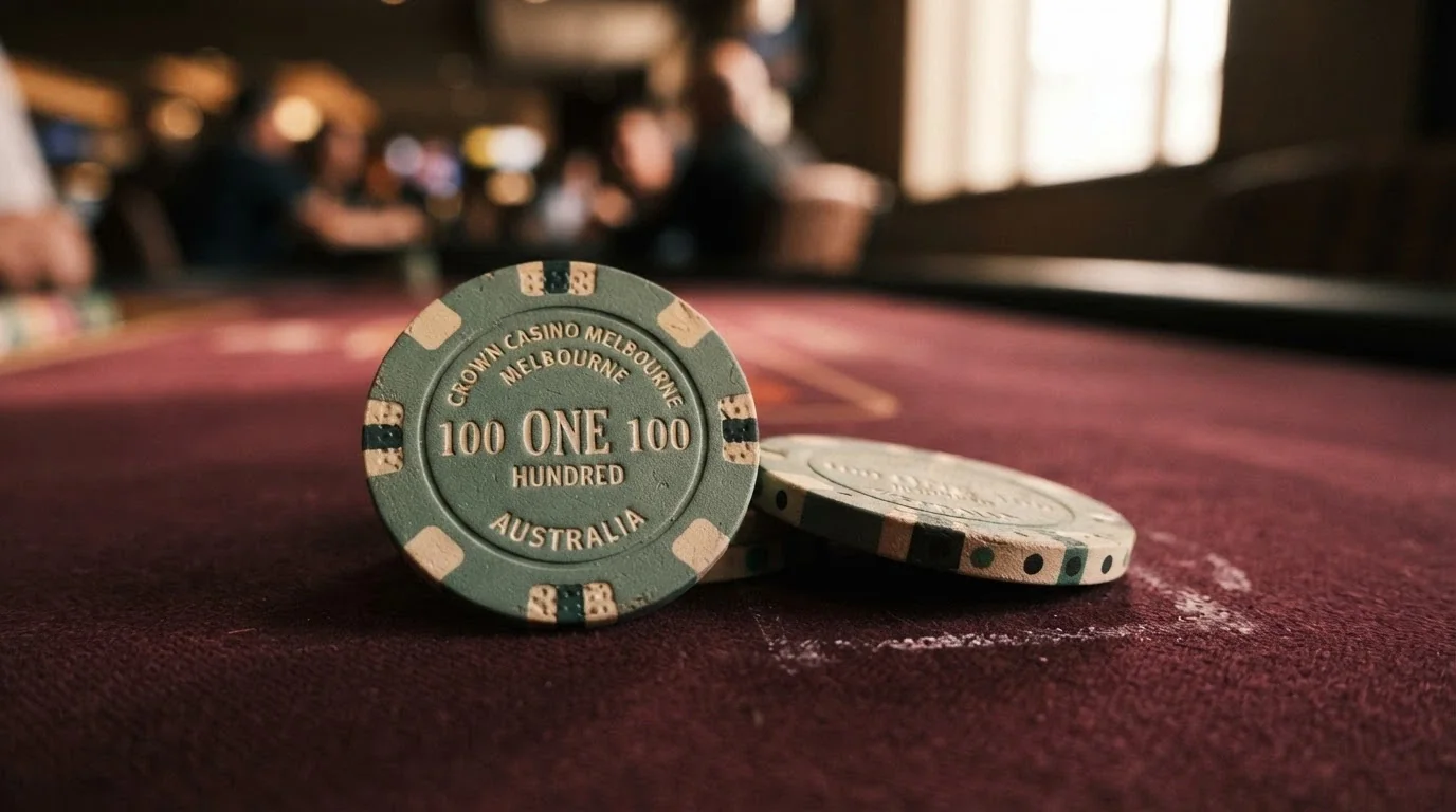 Two Australian two-dollar coins resting on a casino-chip design surface, one coin heads-up and the other tails-up, with a shallow depth of field