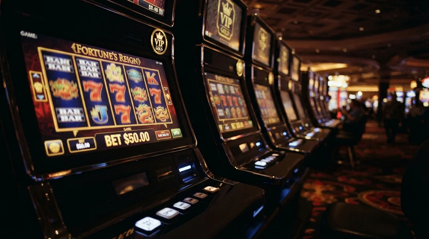 A row of slot-machine screens showing high-limit bet interfaces, with a VIP badge in the corner of each display