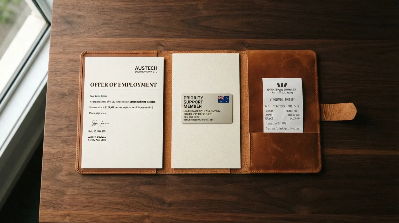 An open leather-bound portfolio displaying a personalised offer letter, a priority-support card and a withdrawal receipt