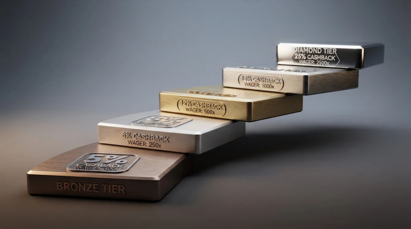 A stepped podium with ascending levels, each marked with a higher cashback percentage and a higher wagering threshold