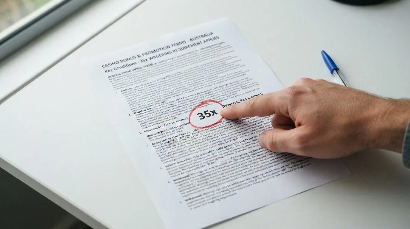 A close-up of casino bonus terms and conditions printed in small text on a white page, with a wagering multiplier figure circled in red