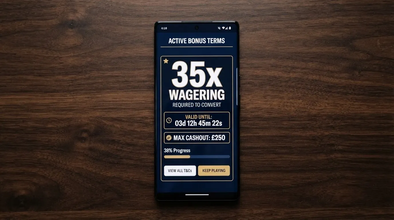 A close-up of a mobile screen showing a bonus terms panel with the wagering multiplier, validity period and maximum cashout figure highlighted in a callout