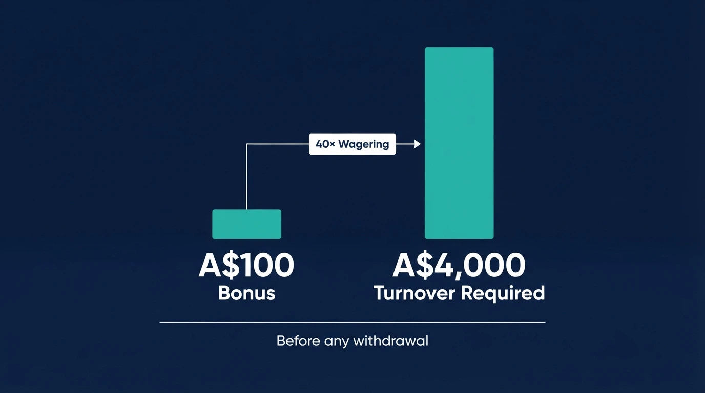 A visual breakdown of a A$100 reload bonus with 40x wagering, showing the A$4,000 turnover required before any withdrawal