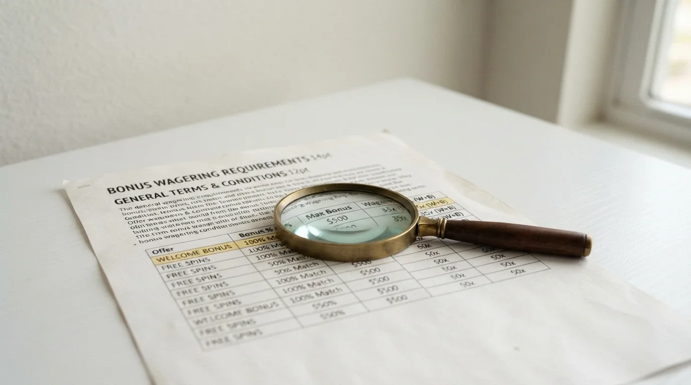 A close-up of bonus terms and conditions text with a magnifying glass highlighting the wagering multiplier and max-cashout lines