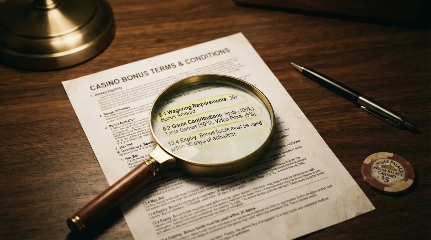 A magnifying glass over a casino bonus terms section, with the wagering multiple, game contribution percentages and expiry date highlighted