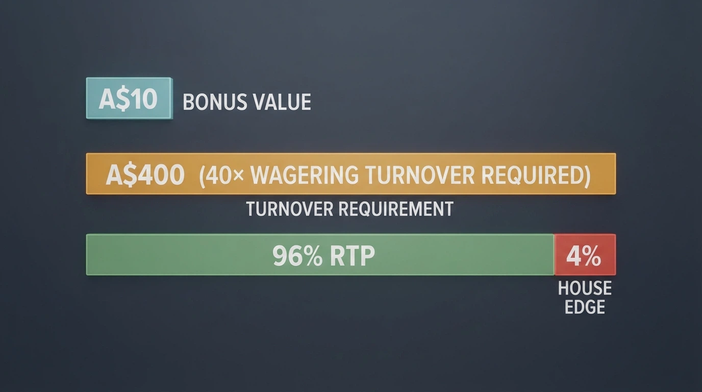 A visual breakdown of the wagering maths — AU$10 bonus, ×40 multiplier, AU$400 turnover, with a percentage bar showing RTP return vs house edge