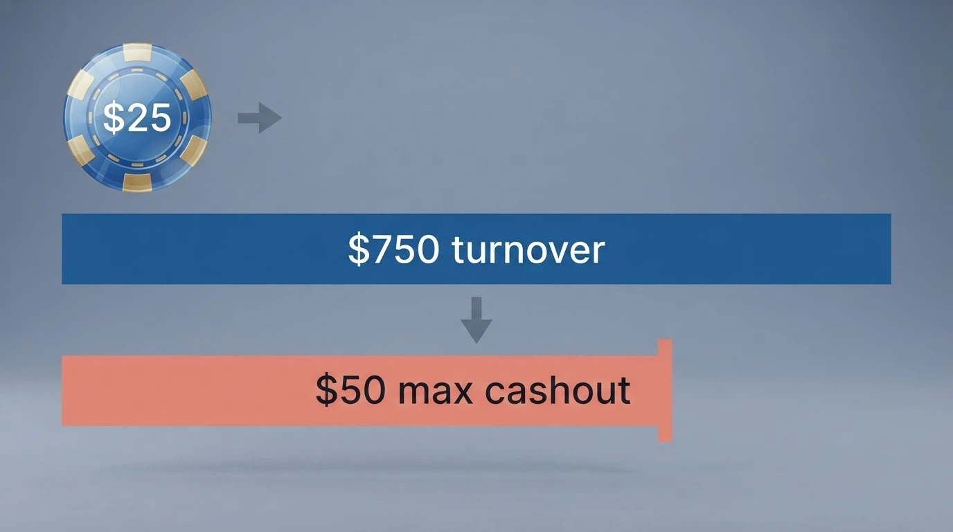 A visual breakdown of a AU$25 no-deposit chip at 30x wagering, showing the AU$750 turnover obligation against the AU$50 max cashout