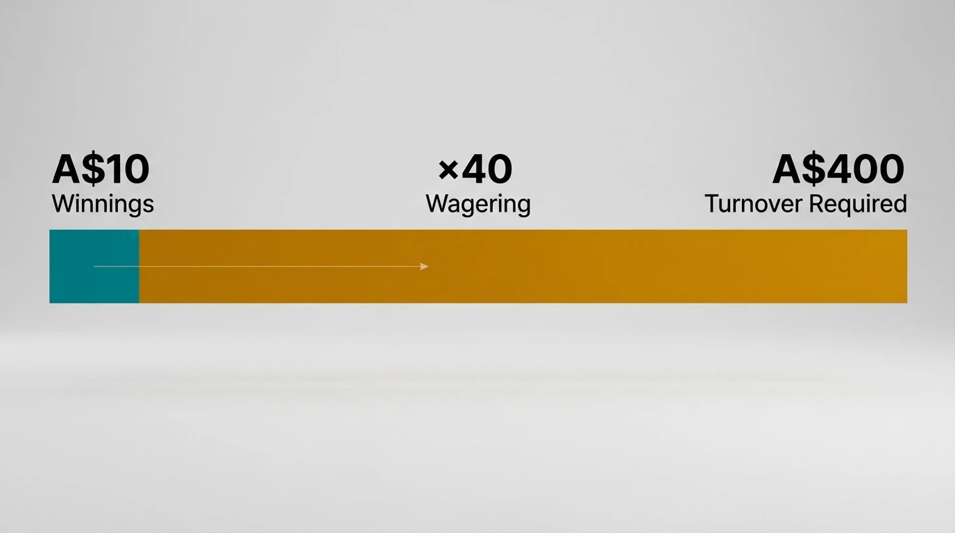 A visual breakdown of how A$10 in free-spin winnings becomes A$400 in required turnover at 40x wagering, shown as a bar filling from left to right