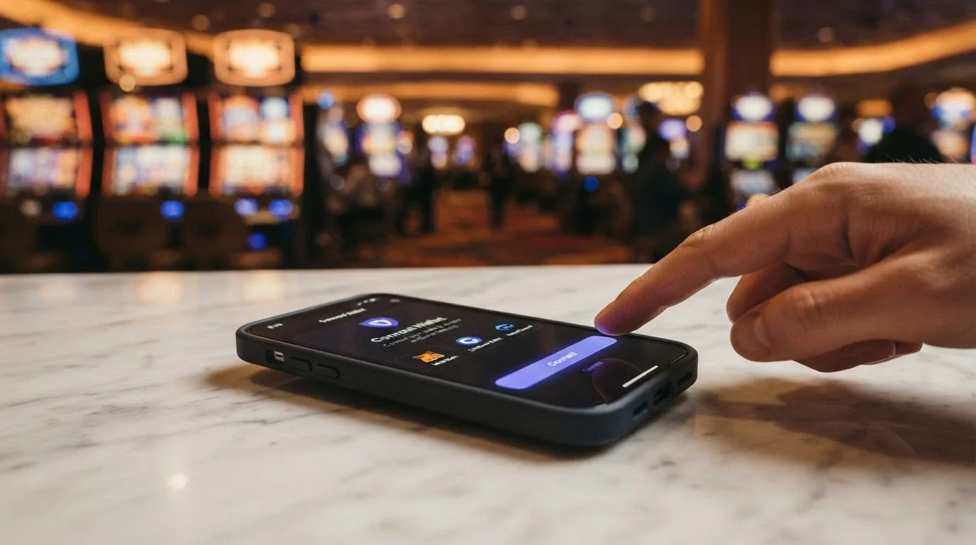 A Phantom wallet connection screen in the foreground with a blurred casino lobby behind it, no email or ID fields visible