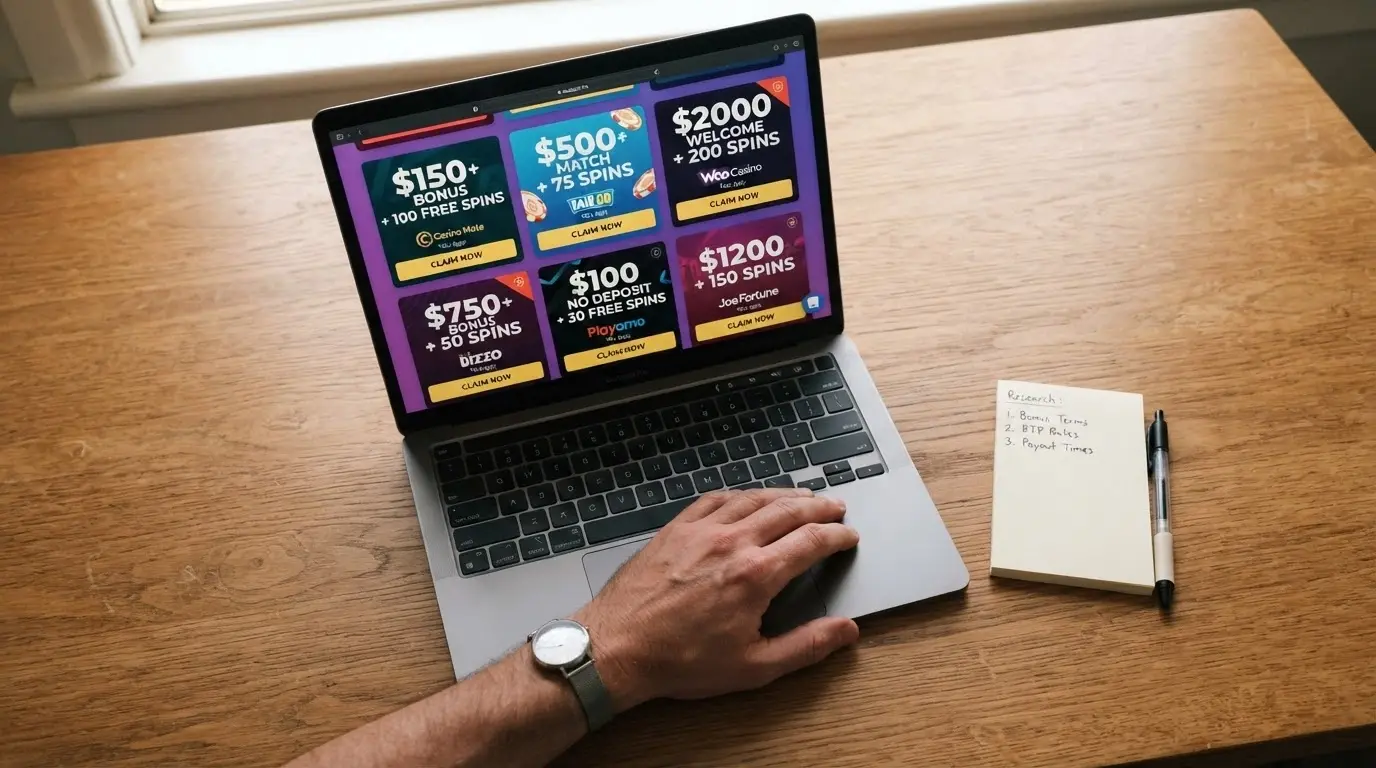 A side-by-side comparison layout of casino welcome bonus offers with dollar amounts and free-spin counts