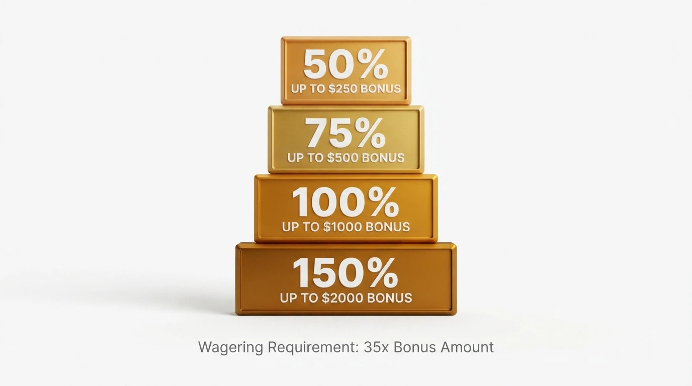 Four stacked deposit tiles showing escalating match percentages and bonus caps, with the wagering multiplier displayed beneath each
