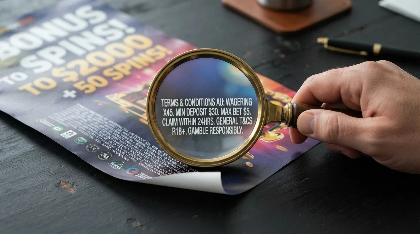 A magnifying glass held over a promotional banner showing a large bonus figure, revealing the wagering terms in fine print beneath