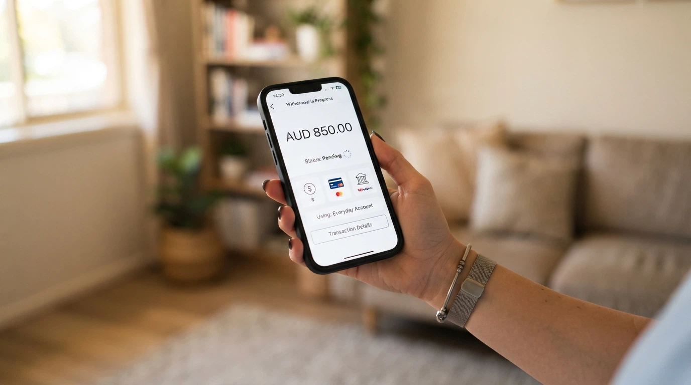 A smartphone showing a withdrawal screen with AUD amounts, a pending-status indicator, and payment-method icons — crypto, debit card and bank transfer — below it